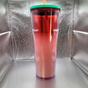 NWT! Starbucks Summer 2020 Red & White Clear Cold Cup Tumbler With Green Lid